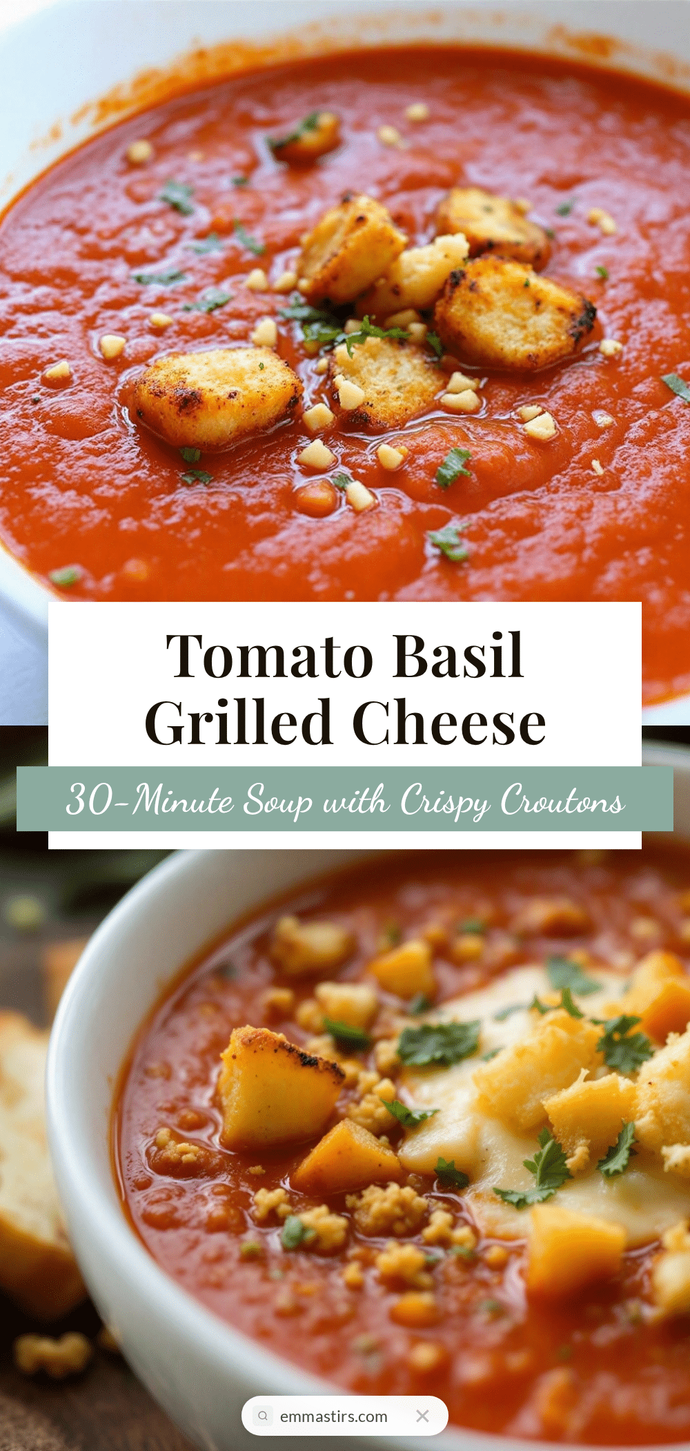 quick tomato basil soup with grilled cheese croutons recipe