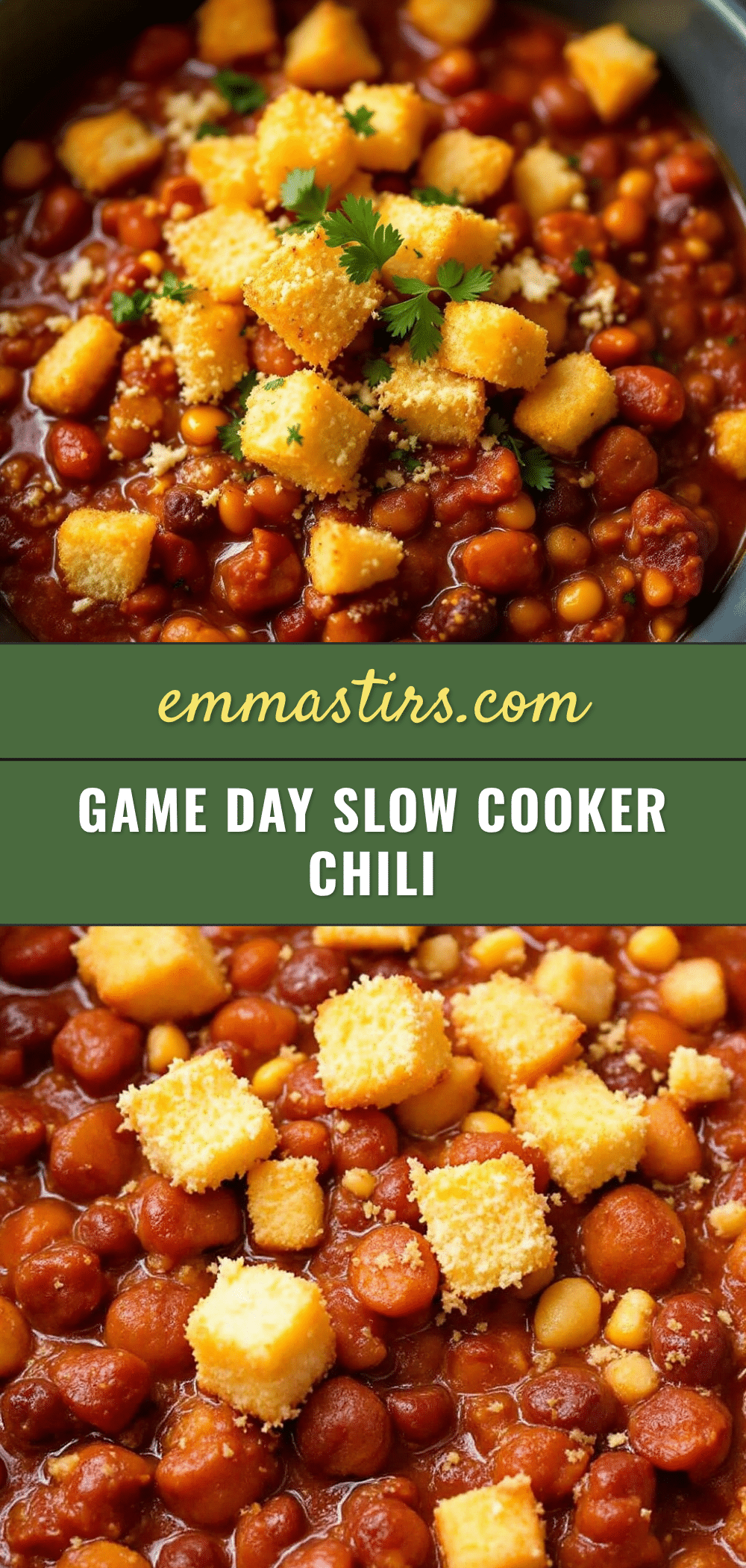 slow cooker football chili with cornbread croutons recipe
