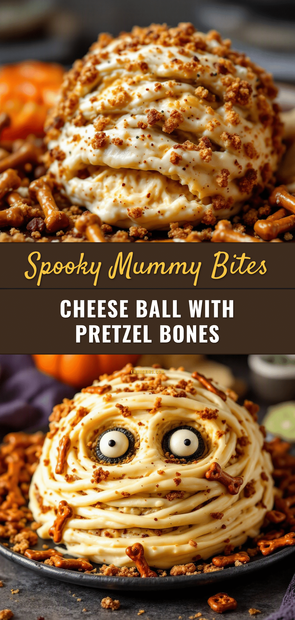 spooky mummy cheese ball with pretzel bones recipe